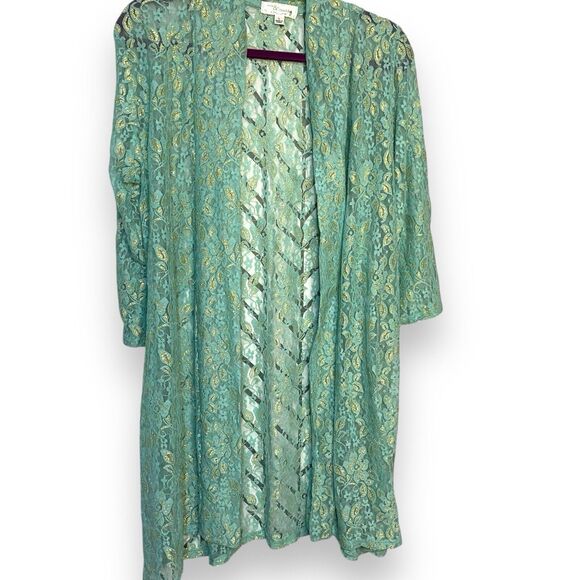 Eve & Maddie Cardigan Sweater Women's Large Turquoise Blue Gold Lace Boho Casual - Picture 14 of 15